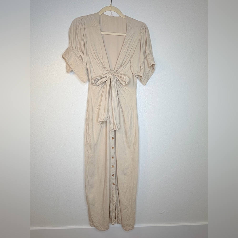 Free People Summer Vintage Tan Button Down Midi Bow Dress Linen Size XS